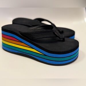 Rainbow Brand Vtg Platform Flip Flops Sandals with Leather Straps Size 6